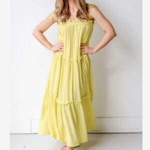 &merci Yellow Ruffled Tiered Lined Dress with Tie Straps